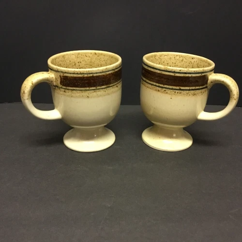 Vintage Otagiri Speckled Footed Stoneware 4” Coffee Cups Mugs Banded  Set of 2