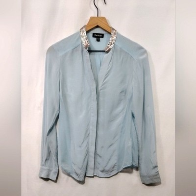 Bebe 100% Mulberry Silk Button Shirt Women's XS Blue Bobo Retro 90s Y2K Disco