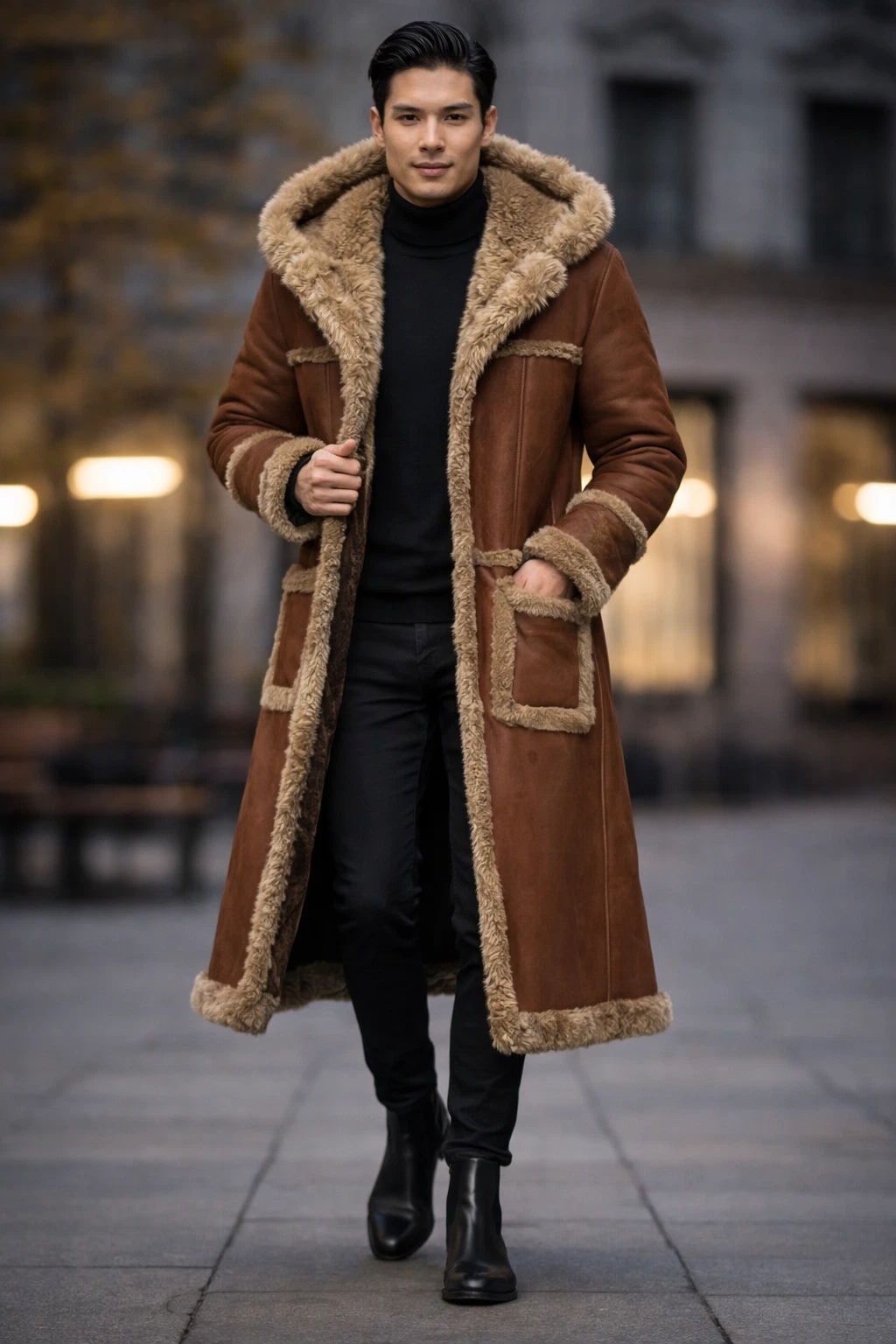 Vintage Shearling Fur Aviator Coat – Handmade Sheepskin Leather Winter Overcoat