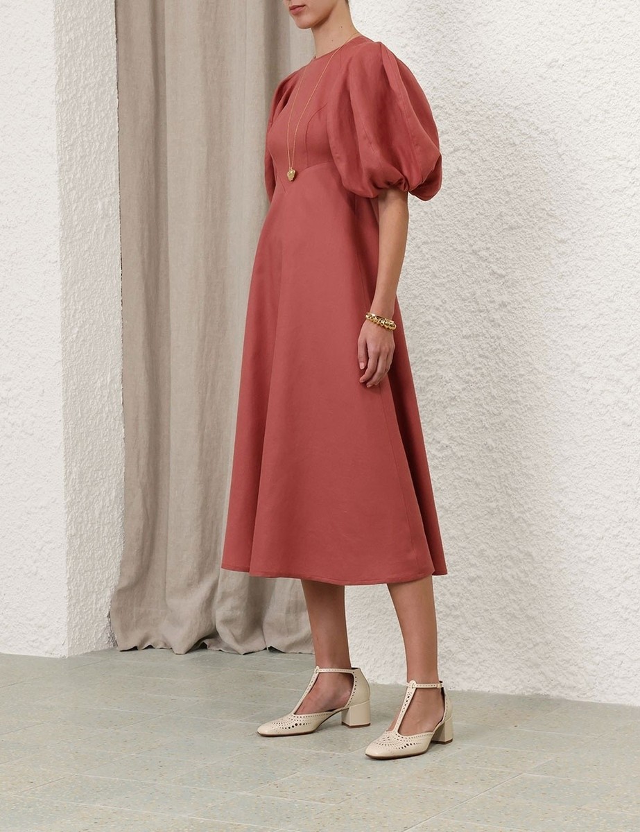 Zimmermann NWT Midi Linen Day Dress Puff Sleeve in Lipstick Size 2P | eBay