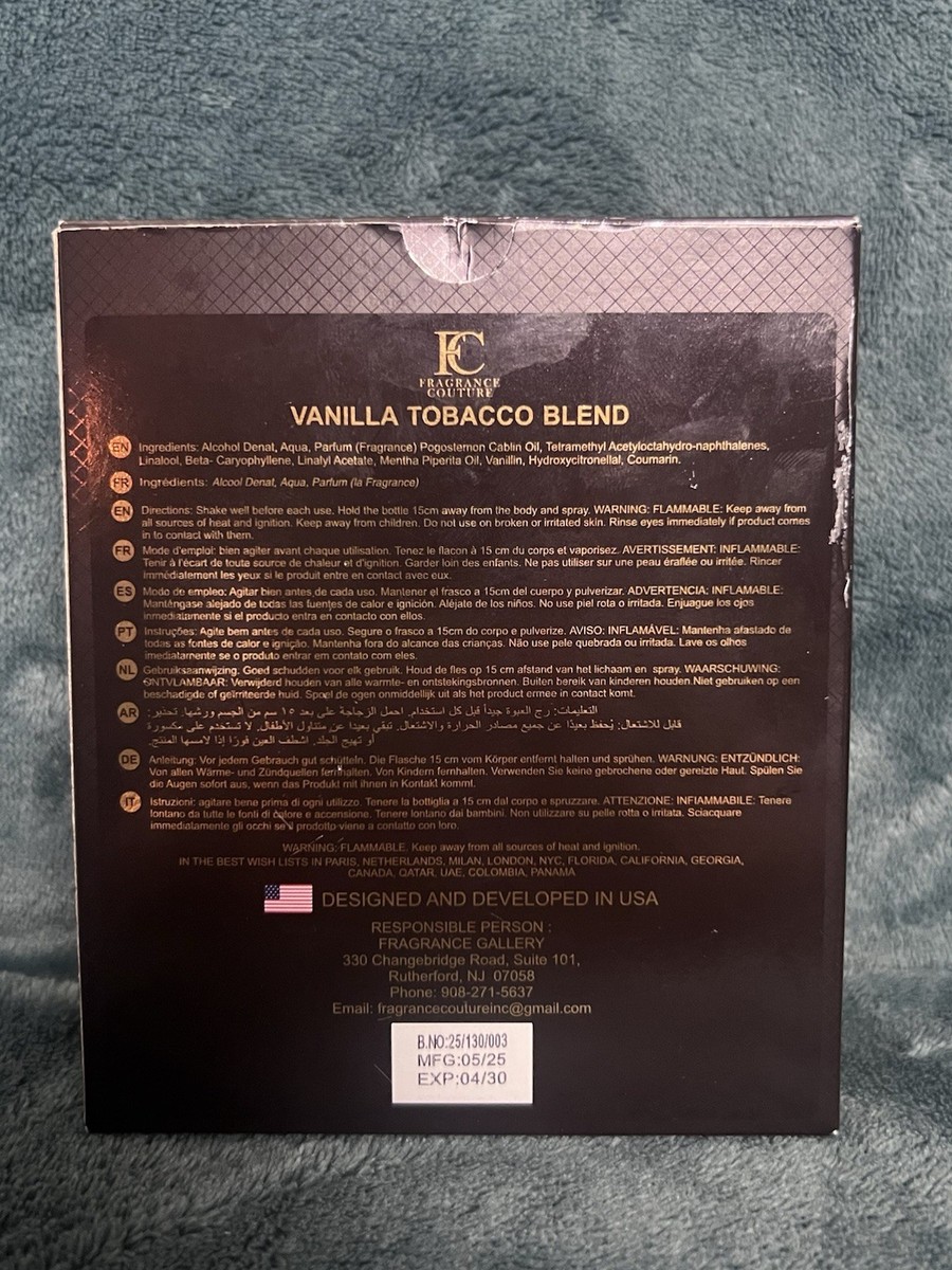 Fragrance Couture Vanilla Tobacco Blend 3.4 Oz EDT Men's Cologne SHIPS  TODAY ✓