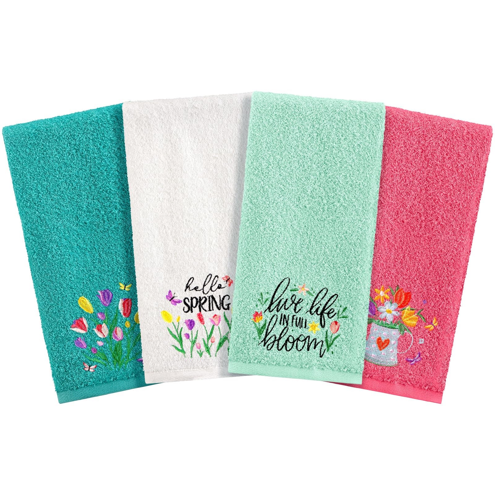 4 Pcs Spring Hand Towels Set Cotton Embroidered Kitchen Towels Bunny Eggs Flo...