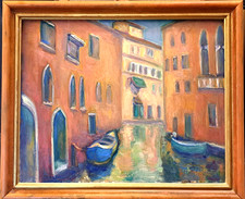 Dipinto Olio Venezia Canale Barche Riflesso Acqua Italia Cornice Originale di Donalee