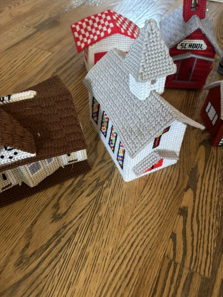 Vintage Handmade Canvas Needlepoint Lot, School, Barn, Church, Christmas Villag - Image 4 of 4