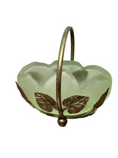 Vintage Bagley Leaf Basket Art Deco Tulip Posy Bowl Frosted Green Glass w Metal