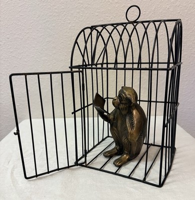 5 Inch Bronze Monkey In Cage Vintage