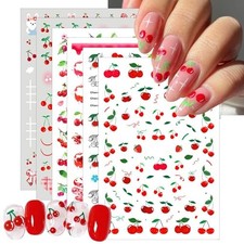 6 Sheets Summer Fruit Nail Art Stickers 3D Self-Adhesive Cherry Strawberry
