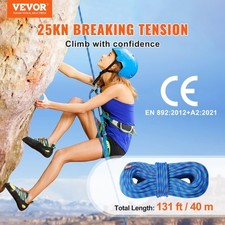 VEVOR 10.2mm Dynamic Climbing Rope, 40M 131ft Outdoor Rock Climbing Rope 25KN B