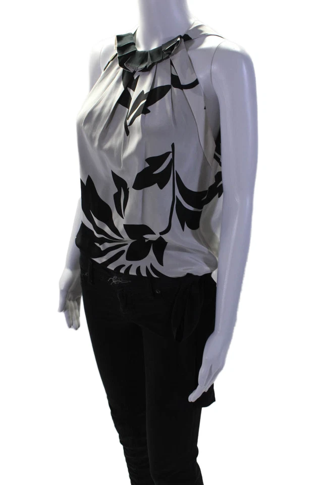 Blusa plisada con estampado floral negra blanca seda Robert Rodriguez para mujer talla 0 Foto 2 de 4