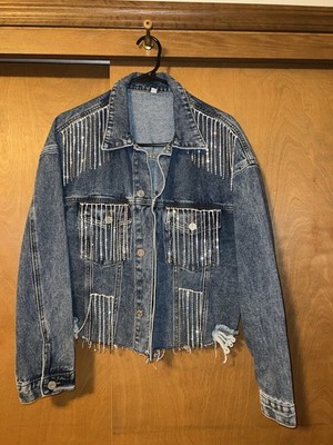 Distressed Denim Jacket With Rhinestone Fringe Cropped Size Medium