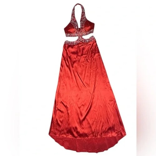VTG Y2K NARIANNA Orange Satin Beaded Cutout Halter Gown Sz S Prom Pageant Dress - Picture 7 of 12