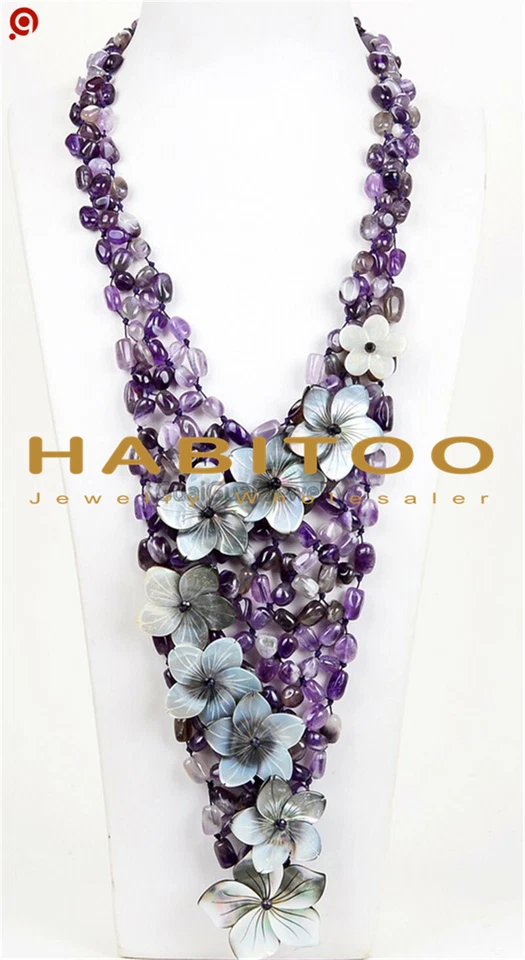 Impresionante collar de flores camafeo negro amatista púrpura de 8 mm cierre de palanca 18" Foto 3 de 3