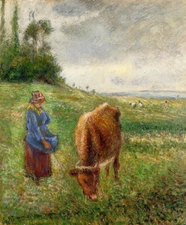Oil painting impression landscape figure cows Cowherd-Pontoise-Camille-Pissarro