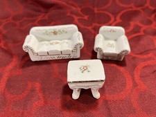 Vintage Porcelain Dollhouse Miniature 3 pc. Sofa Chair Table Japan Floral - 6733