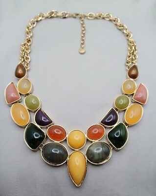 Ann Taylor Loft Statement Necklace Multi Color Cabochons Gold Tone Statement 20''