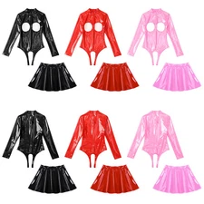 Womens Jumpsuit Glossy Outfits Chest Bodysuit Dance Catsuit Club Skirt Flared