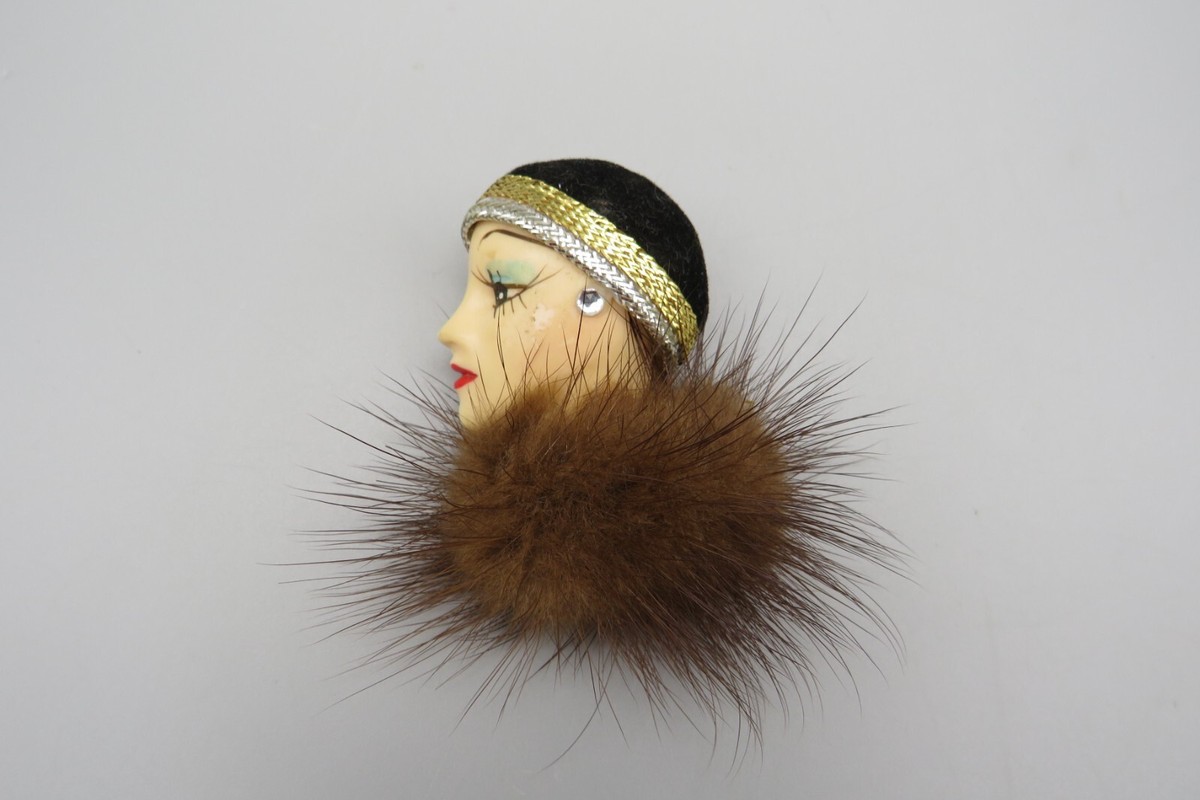 Vtg. Brooch Lady Head Side View Art Deco 1920s style Flapper Girl w/real mink
