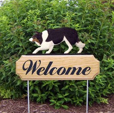 Border Collie Wood Welcome Outdoor Sign Black Tri