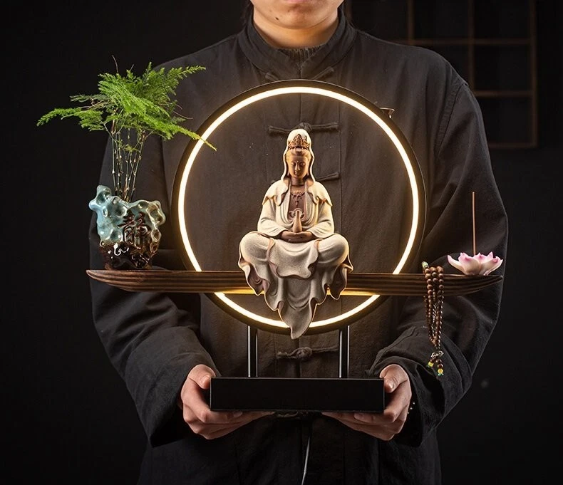 Iluminación de habitación Estatua de Buda decorativa, lámpara LED circular 9 niveles de brillo Foto 2 de 4