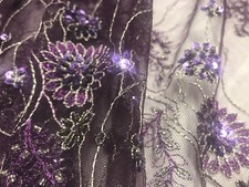 PURPLE TULLE W/PURPLE GOLD EMBROIDERY BEAD SEQUINS LACE FABRIC 50  WIDTH 1 YARD