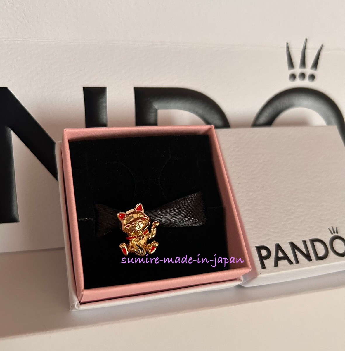 GOLD CATフォロー10%セール！！ PANDORA Cute Fortune Cat Charm 14K Gold Plating Enamel New