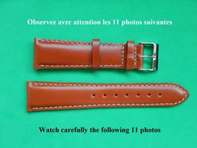 22 mm SOLIDE BRACELET CUIR VEAU BOX MARRON FAUVE COUSU BLANC 18 mm COTÉ BOUCLE - Photo 1/4