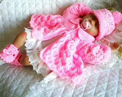 CREATIVE DOLLS DESIGNS Baby Girl Knitting Pattern dk Matinee Coat set Hat Shoes 0-3 Month Reborn Dolls
