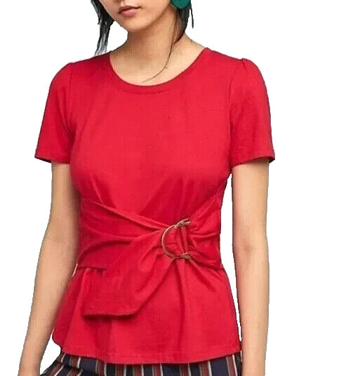 MAEVE By Anthropologie RED Cinch Waist D-RING Knit DAKOTA WRAP BLOUSE/TOP Sz S