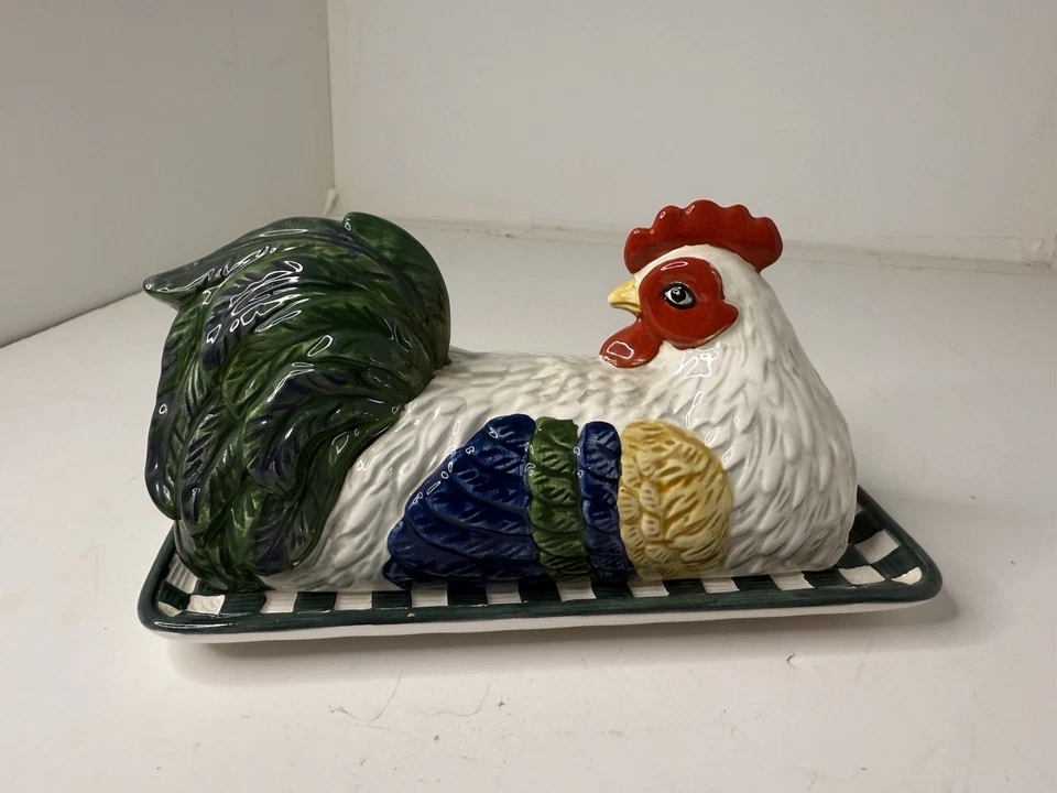 Vtg Dept 56 Chicken Rooster Butter Dish Plate & Cover Ceramic Porcelain Read! - Image 4 of 4