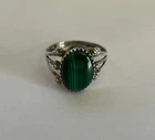 Vintage Sterling Silver Oval Malachite Ring Flowers Sz 9 Ornate Statement