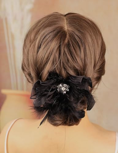 Vintage Feather Flower Hair Clip with Beaded Large Tulle Bow Hair Pieces
