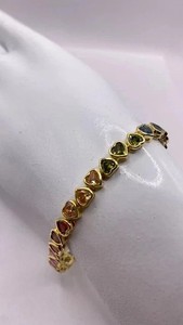 Authentic 15 Ct Heart Cut Rainbow Lab-Created Heart Tennis Bracelet 14K Yellow Gold Plated