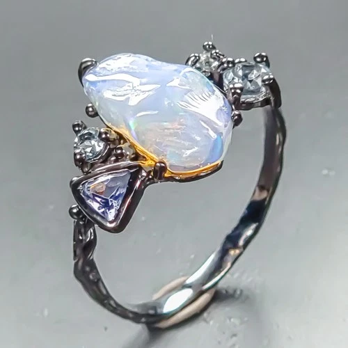 Free form 4ct Handmade Natural Opal Ring 925 Sterling Silver Size 7.5 /R462975
