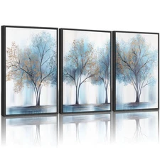 Framed Blue Tree Canvas White Wall Art Set of 3, Watercolor Modern Minimalist...