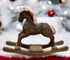 Vintage Hand Carved Wood Rocking Horse Fur Rustic Christmas Holiday Folk Art 7"