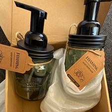 Mason Jar Rustic Foaming Soap Dispensers 2-Pack Green Glass, Black Pumps