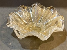 Mid Century Murano Italy Hand Blown Art Glass Bowl Gold Yellow Iridescent 9"