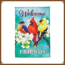 EVERGREEN GARDEN FLAG  WELCOME FRIENDS  EMBELLISHED BURLAP - BRAND NEW