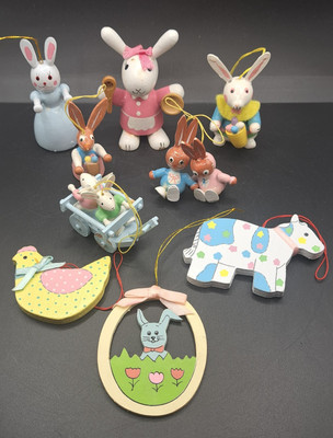 Vtg Easter Ornaments Wood Hand Painted Bunny Rabbit Cow Chicken Enesco Lot 10