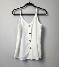 Womens White Button Front Camisole Adjustable Spaghetti Strap Tank Top S