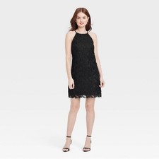 A New Day Black Mini Scalloped Lace Halter Neck Sleeveless Mini Dress Medium