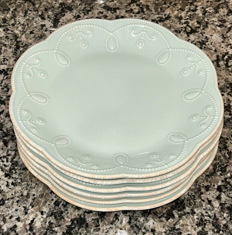 Lenox French Perle Ice Blue Dinnerware Set 27Pc Embossed Scroll Scalloped Edge - Image 4 of 4
