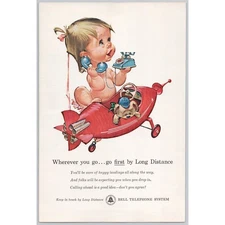 1961 Bell Telephone System Long Distance Cute Baby w Red Airplane Vtg PRINT AD