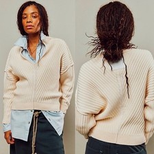 WE THE FREE People Freeway Cream Diagonal Rib Knit V Neck Sweater XS Oversized