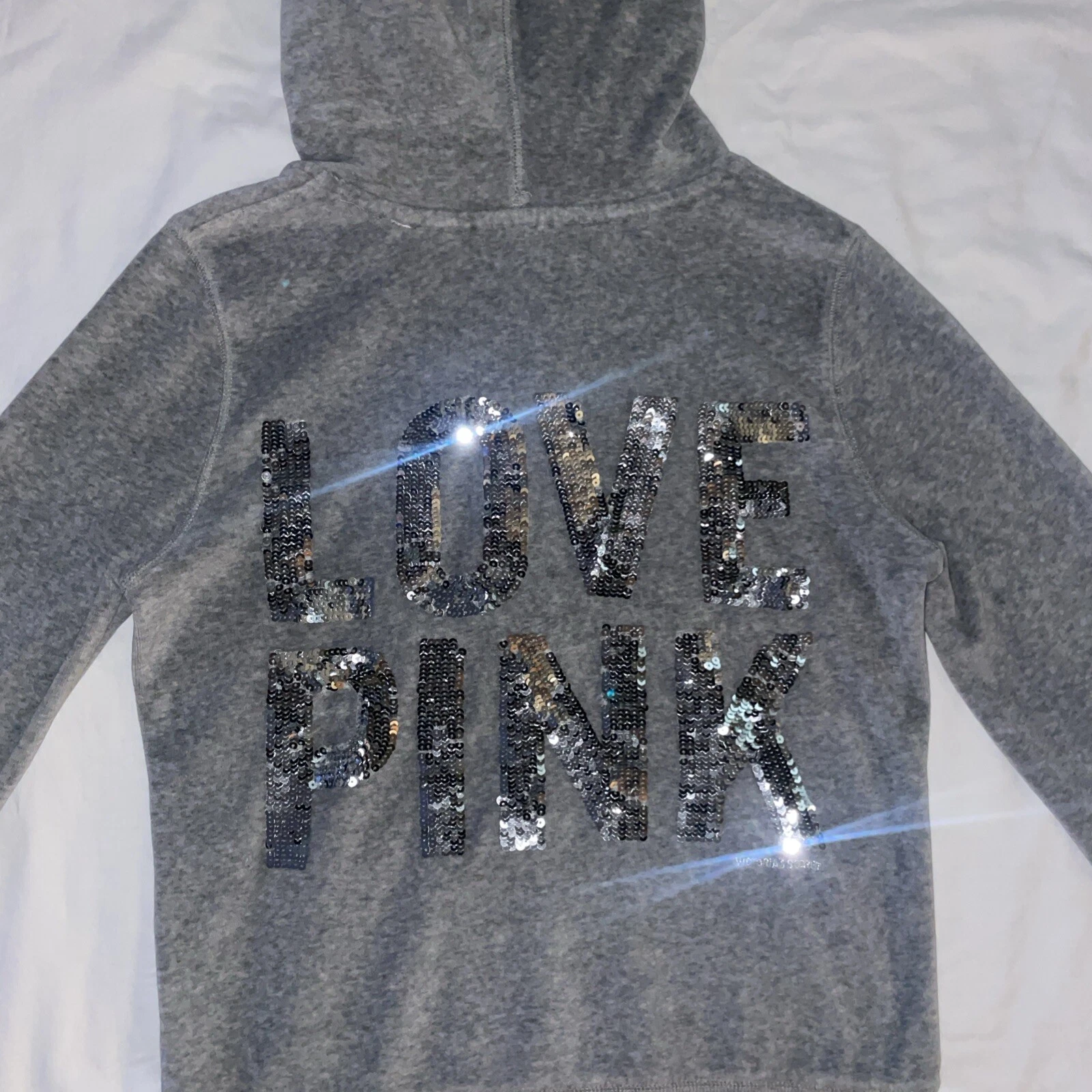 UNDERCOVER Felpa con cappuccio Victorias Secret LOVE ROSA grafica SEQUINS BLING velluto taglia small fuori produzione