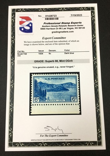 MOMEN: US STAMPS #745 MINT OG NH PSE GRADED CERT SUP-98 LOT #84569 - Picture 2 of 3