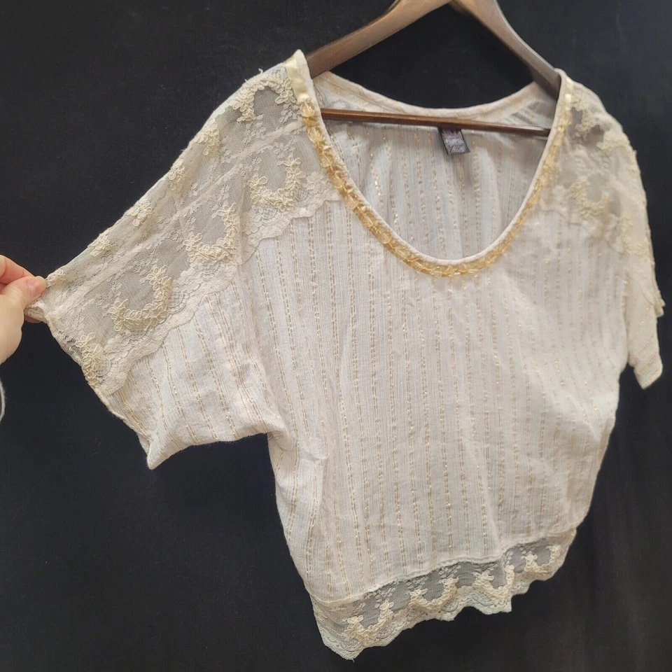 Free People 女式透明金属波西米亚上衣 S 码奶油色蕾丝刺绣吉普赛人 — 第 2/4 张图片