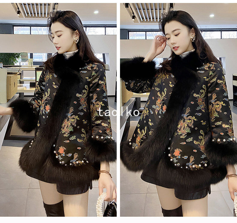 Chinese Style Women Faux Fur Collar Coat Embroidery Cotton Padded Cloak  Overcoat
