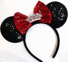 Minnie Mouse Ears Headband Shiny Black Glittery Red Bow Tiara Birthday HANDMADE