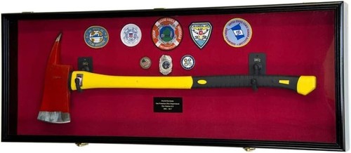 Axe Display Case Black & Blue Wood Firefighter Fireman Badge Cabinet Shadow Box - Picture 2 of 12